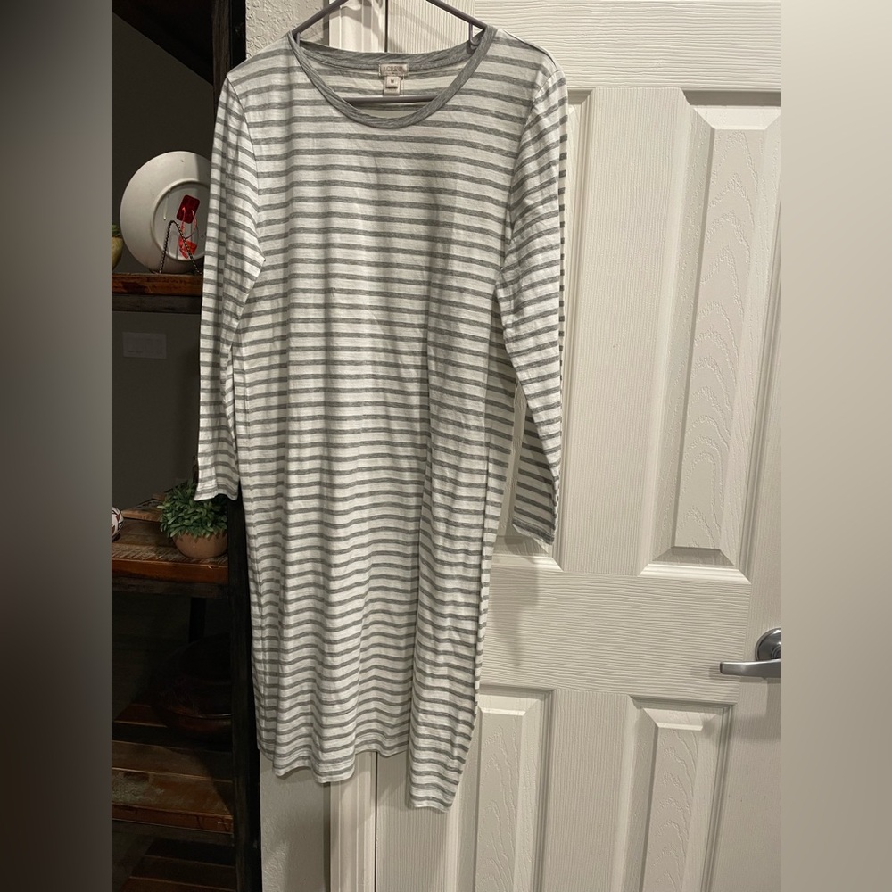 J. Crew Long sleeve Gray White stripe crew neck T Shirt Dress Relaxed Fit M New